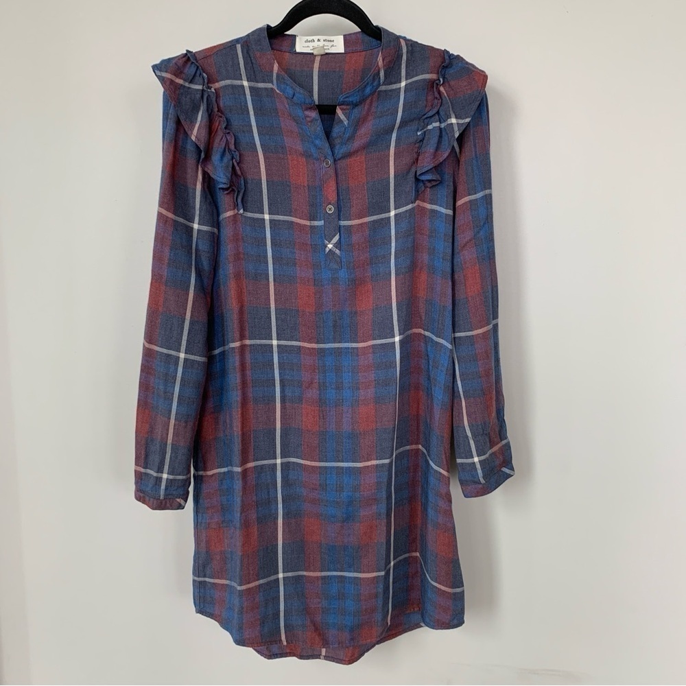 Cloth & Stone Plaid‎ Ruffle Shirt Dress Size S